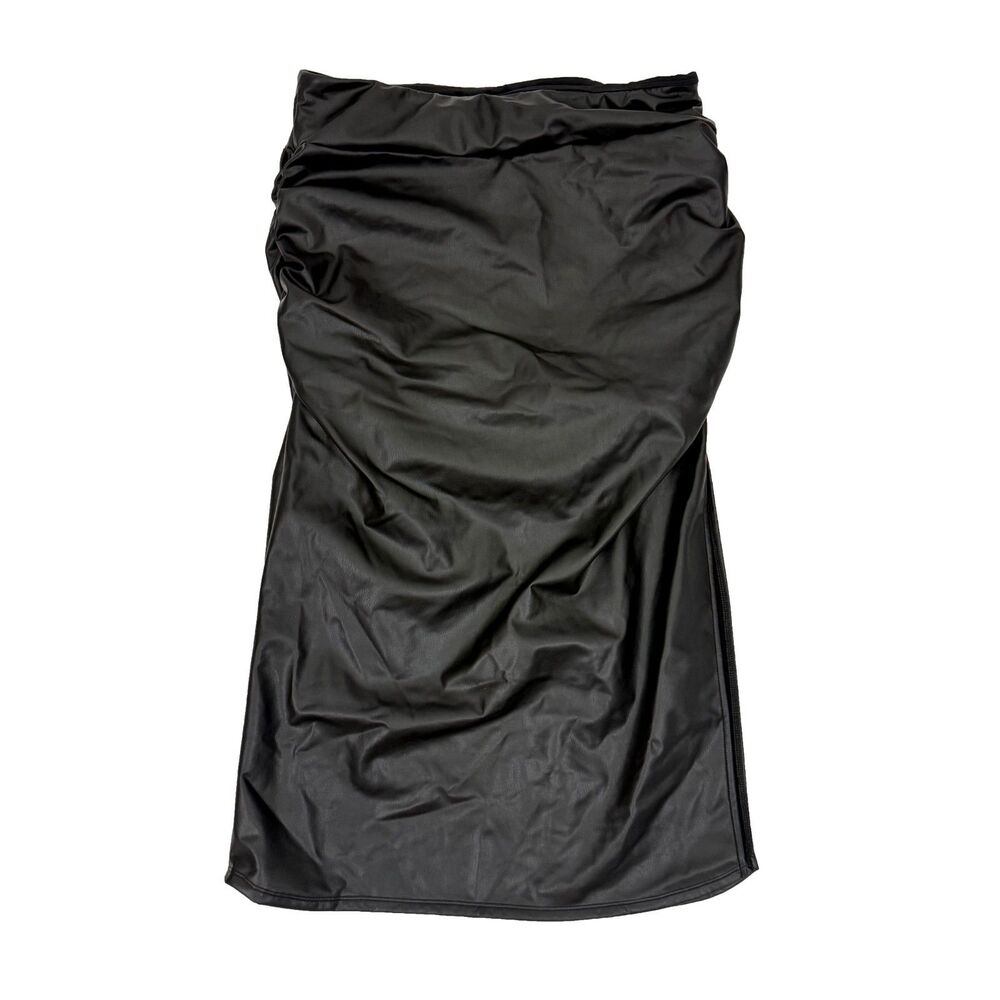 HALARA High Rise Tummy Cntl Ruched 2-in-1 Fleece PU Midi Skirt XL NEW B76 - Picture 2 of 6